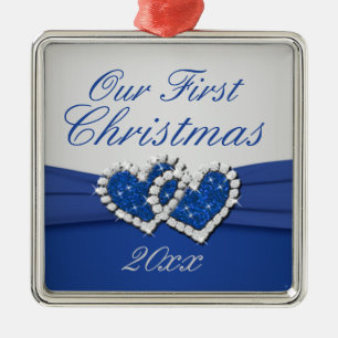 Royal Blue and Silver Joined Hearts Ornament
