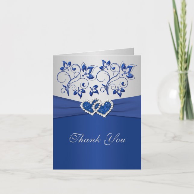 Royal Blue and Silver Joined Hearts Thank You Card (Front)