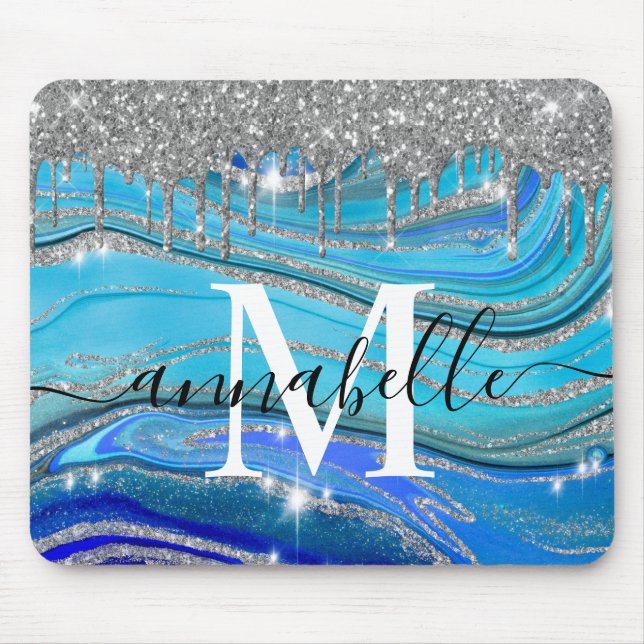 Royal Blue And Silver Monogram Mouse Mat (Front)