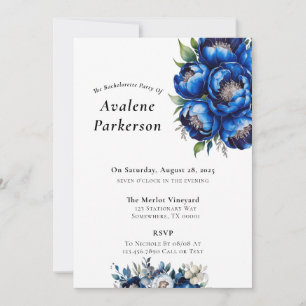 Royal Blue and Silver Peony Bachelorette Party Invitation
