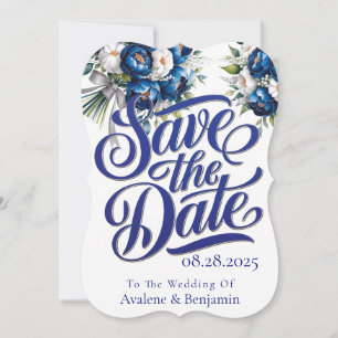 Royal Blue and Silver Peony Save The Date Cards