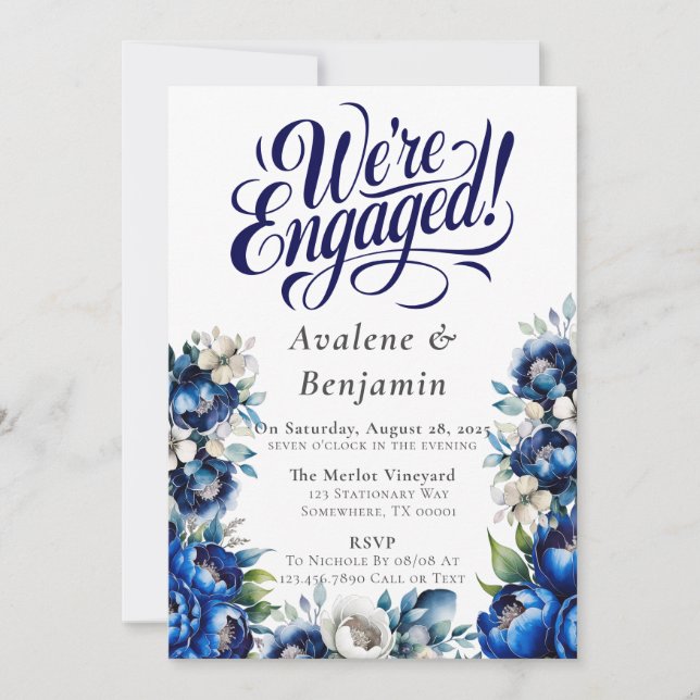 Royal Blue and Silver Peony We’re Engaged Invitation (Front)