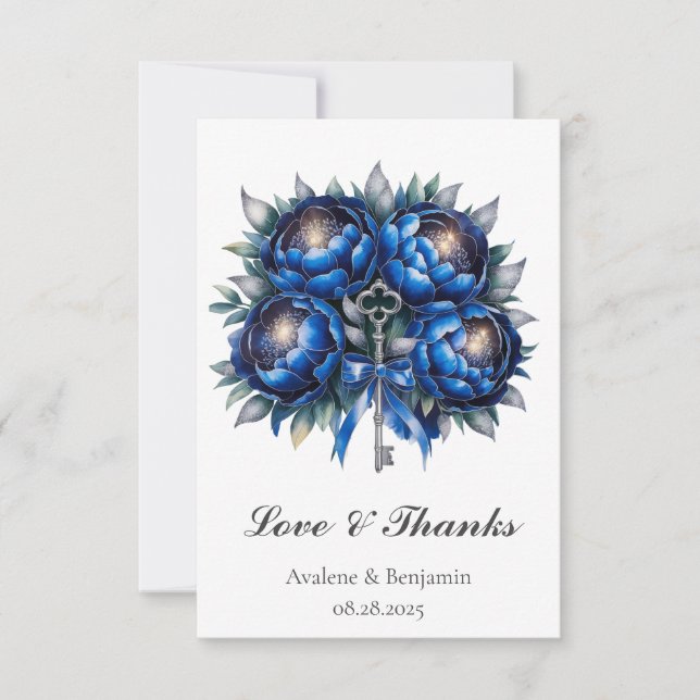 Royal Blue and Silver Peony Wedding Thank You Card (Front)
