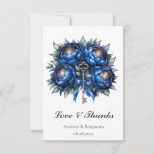 Royal Blue and Silver Peony Wedding Thank You Card