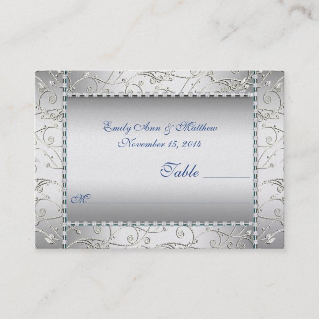 Royal Blue and Silver Swirl Table Place Cards (Front)