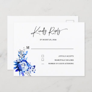 Royal Blue and Silver Wedding RSVP Postcard