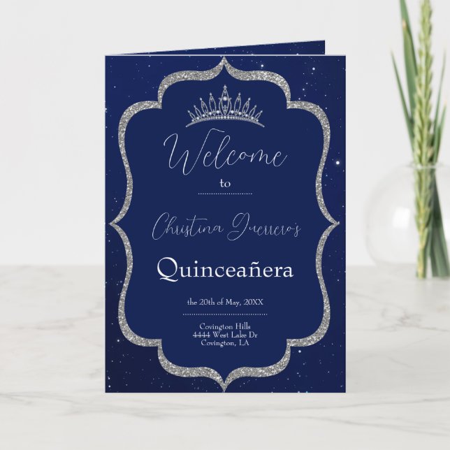 Royal Blue and Starry Night Quinceanera Program Invitation (Front)