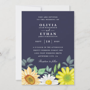 Royal blue and sunflower wedding invitations