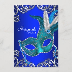 Royal Blue and Teal Blue Masquerade Party Invitation