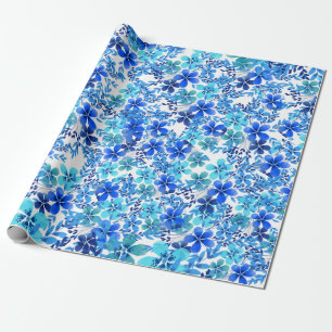 Royal Blue and Turquoise Garden Flowers Wrapping Paper