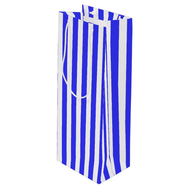 Royal blue and white candy stripes wine gift bag (Front Angled)
