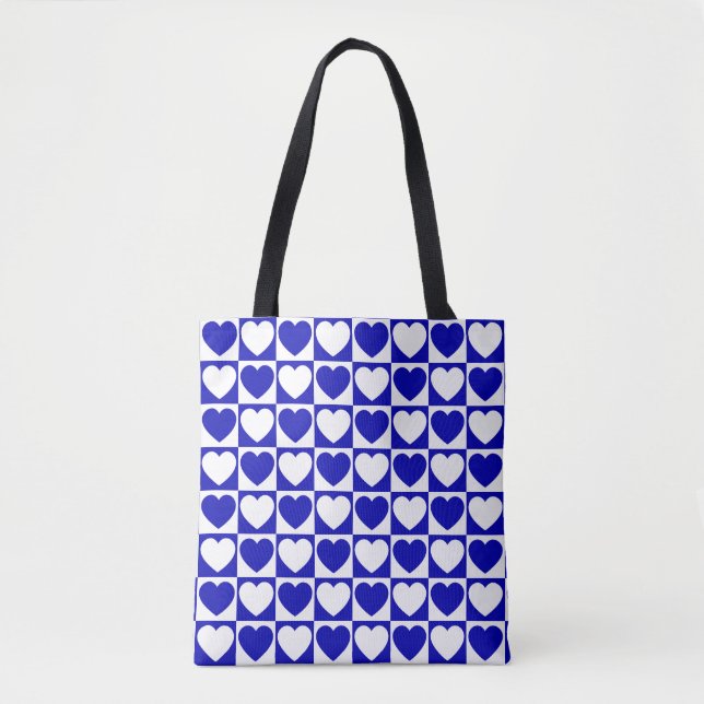 Royal Blue and White Checkered Pattern With Hearts Tote Bag (Front)