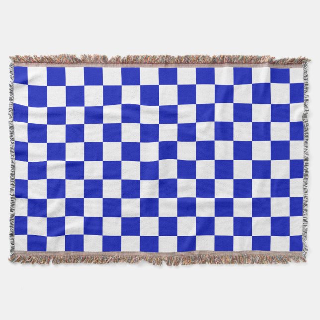 Royal Blue and White Chequered Board Pattern Throw Blanket (Front)