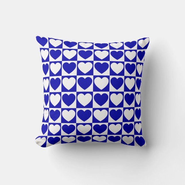 Royal Blue and White Chequered Pattern With Hearts Cushion (Front)