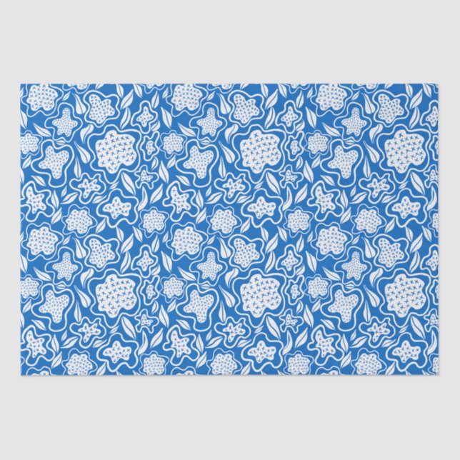 Royal Blue and White Cross Stitch Floral  Tissue Paper (Front)