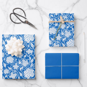Royal Blue and White Cross Stitch Floral Wrapping Paper Sheet