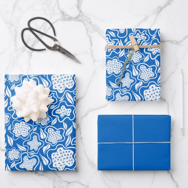 Royal Blue and White Cross Stitch Floral Wrapping Paper Sheet (Front)