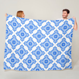Royal Blue And White Delft Like Pattern Fleece Blanket