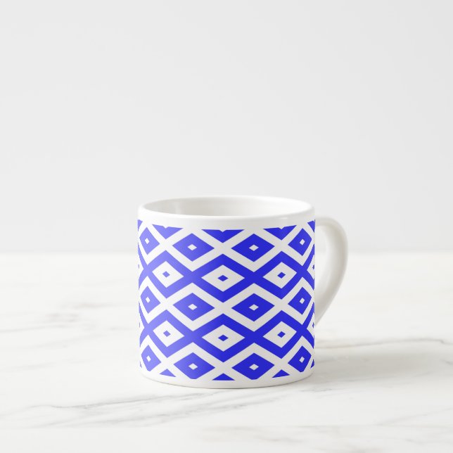 Royal blue and white diamond pattern espresso cup (Front Right)