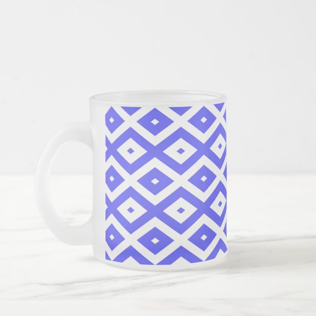 Royal blue and white diamond pattern frosted glass coffee mug (Left)