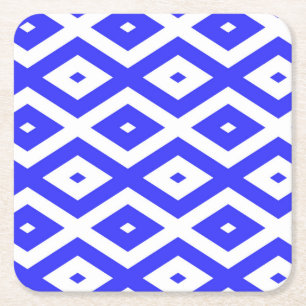 Royal blue and white diamond pattern square paper coaster
