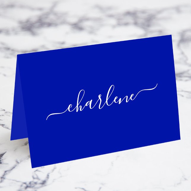 Royal Blue and White Elegant Name Place Cards (Royal Blue and White Elegant Signature Script Individual Name Fold Your Own Place Cards)