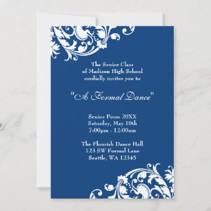 Royal Blue and White Flourish Swirl Prom Formal Invitation