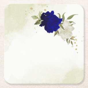 royal blue and white flowers greenery wedding square paper coaster