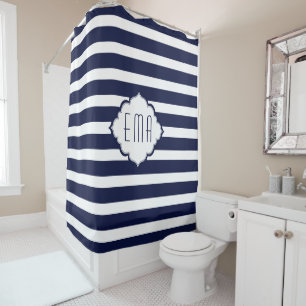 Royal Blue And White Geometric Stripes Shower Curtain