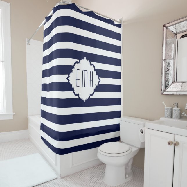 Royal Blue And White Geometric Stripes Shower Curtain (In Situ)