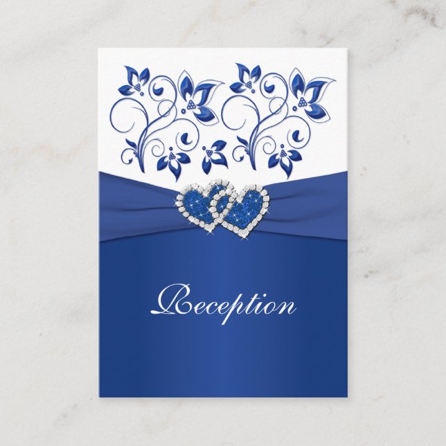 Royal Blue and White Joined Hearts Reception Card (Front)