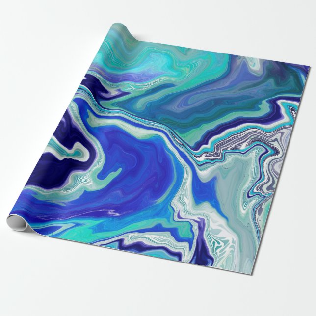 Royal Blue and White Marble Waves Fluid Art   Wrapping Paper (Unrolled)