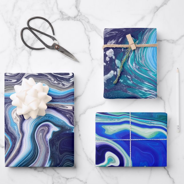 Royal Blue and White Marble Waves Fluid Art Wrapping Paper Sheet (Front)