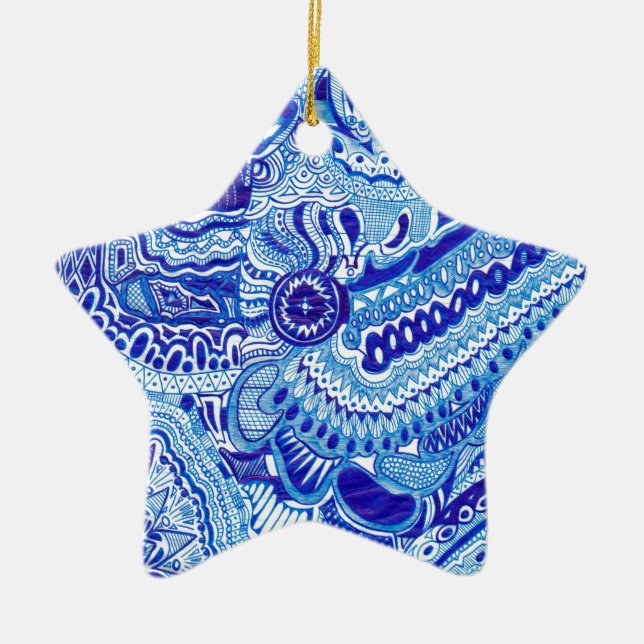 Royal Blue and White Ming style pattern art Ceramic Tree Decoration (Front)