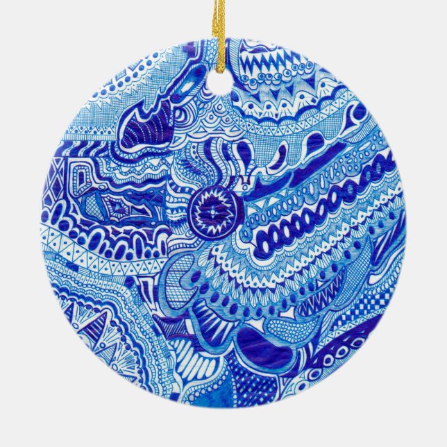 Royal Blue and White Ming style pattern art Ceramic Tree Decoration (Back)