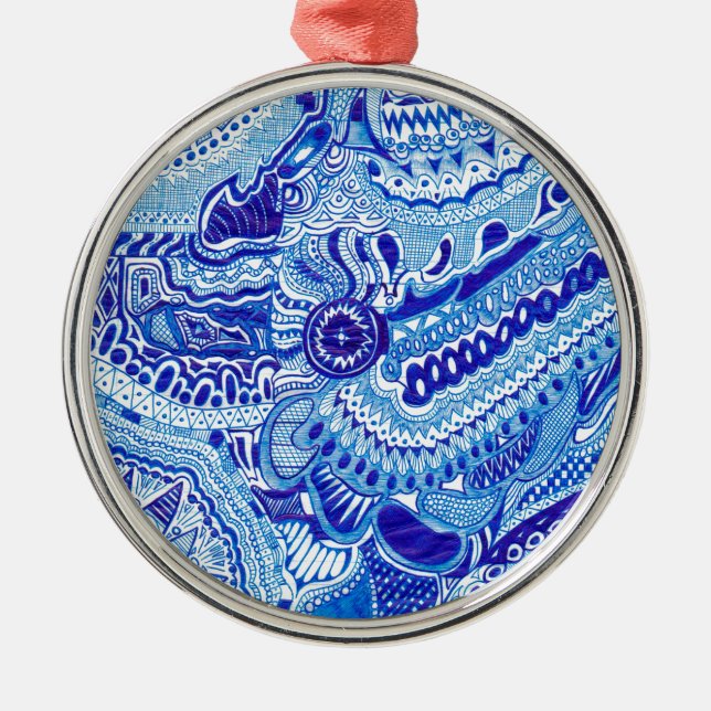 Royal Blue and White Ming style pattern art Metal Tree Decoration (Front)