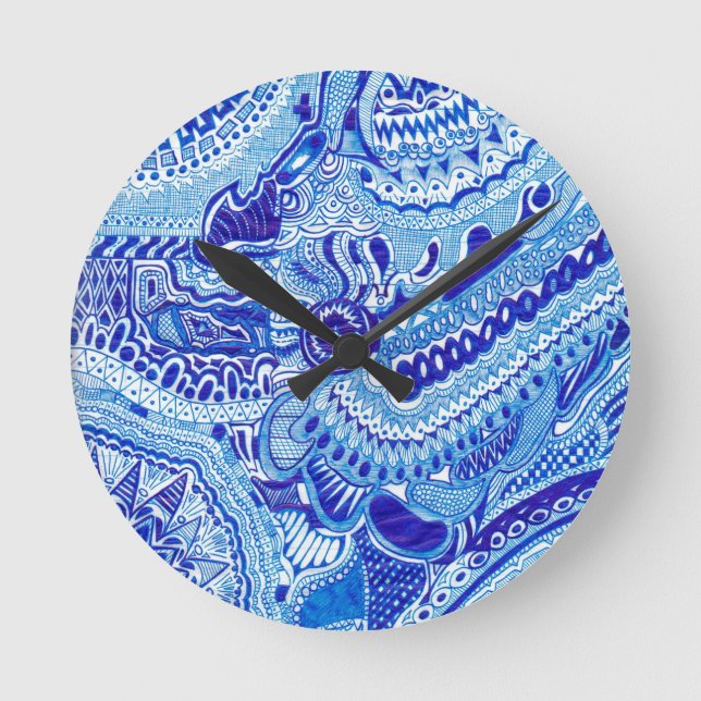 Royal Blue and White Ming style pattern art Round Clock (Front)