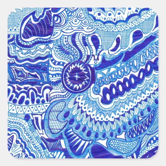 Royal Blue and White Ming style pattern art Square Sticker (Front)