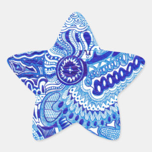 Royal Blue and White Ming style pattern art Star Sticker