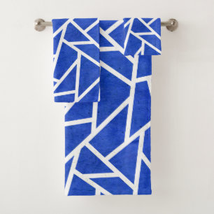 Royal blue and white mosaic pattern bath towel set