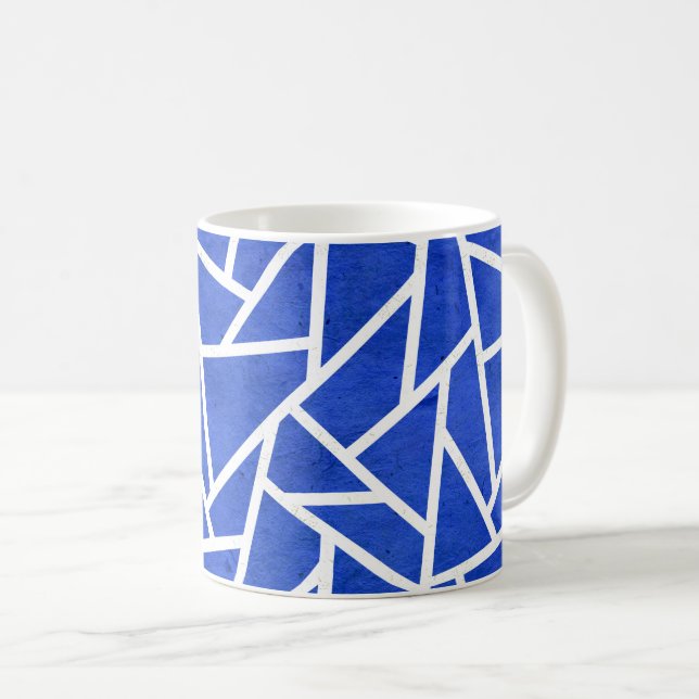 Royal blue and white mosaic pattern coffee mug (Front Right)