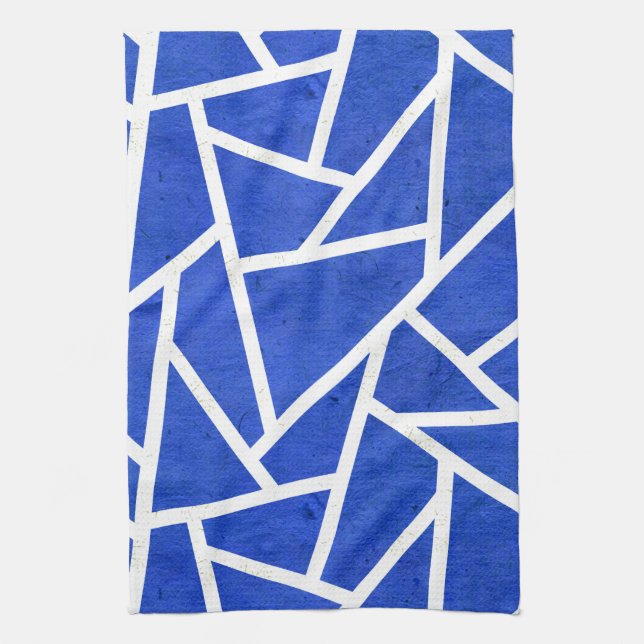 Royal blue and white mosaic pattern tea towel (Vertical)
