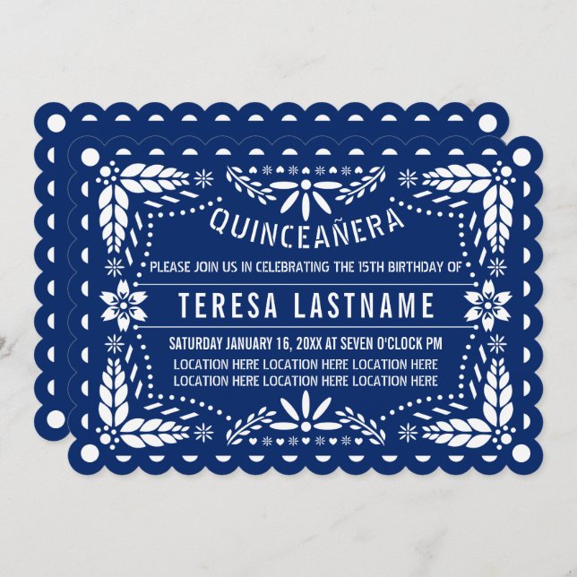 Royal blue and white papel picado Quinceañera Invitation (Front/Back)