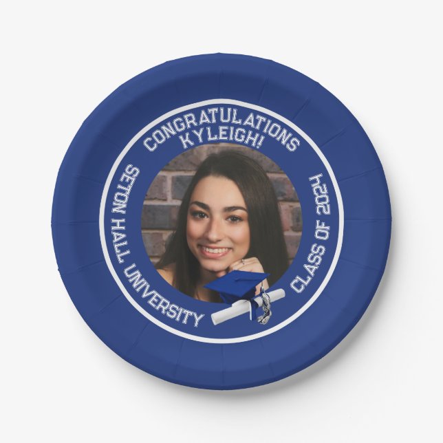 Royal Blue and White Photo Graduation Paper Plate (Front)