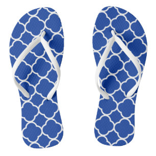 Royal Blue and White Quatrefoil Geometric Pattern Flip Flops