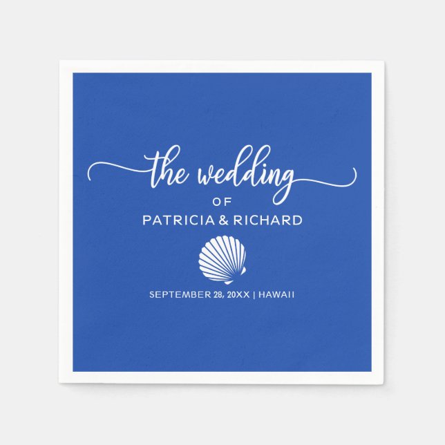 Royal Blue and White Seashell Beach Wedding Napkin (Front)