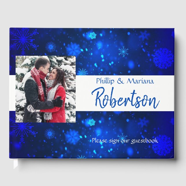 Royal Blue and White Snowflakes Winter Wedding Guest Book (Front)