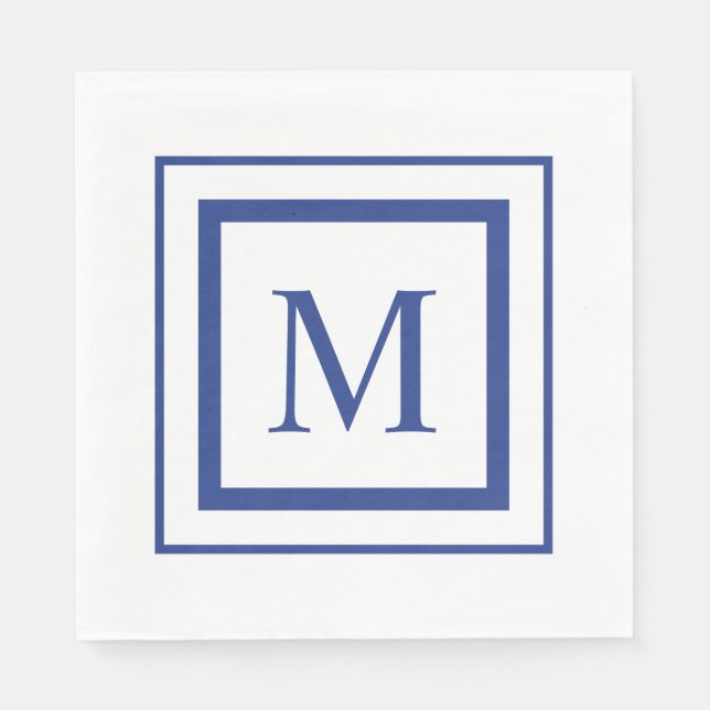 Royal blue and white  square border monogram napkin (Front)