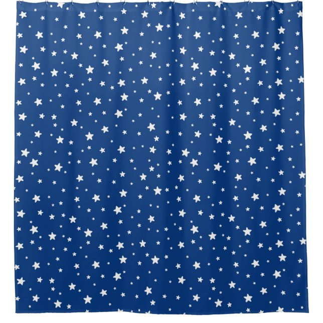Royal Blue and White Stars Celestial Sky Shower Curtain (Front)