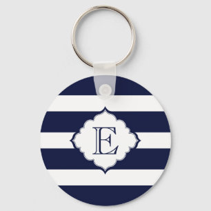 Royal Blue And White Stripes Geometric Pattern Key Ring